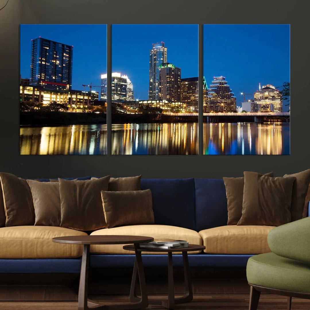 A cozy bedroom features the Austin City Lights Night Blue Skyline Cityscape View Wall Art Canvas Print, crafted on museum-quality canvas and ready to hang above the bed.