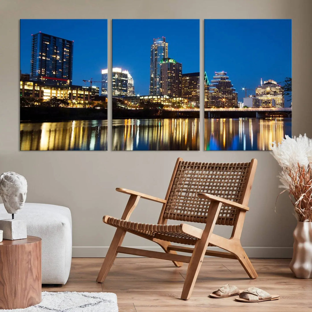 A cozy bedroom features the Austin City Lights Night Blue Skyline Cityscape View Wall Art Canvas Print, crafted on museum-quality canvas and ready to hang above the bed.