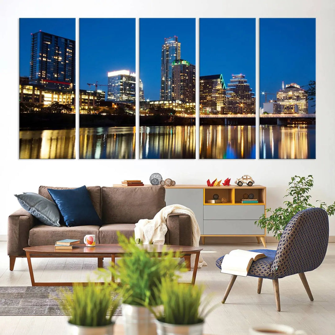 A cozy bedroom features the Austin City Lights Night Blue Skyline Cityscape View Wall Art Canvas Print, crafted on museum-quality canvas and ready to hang above the bed.