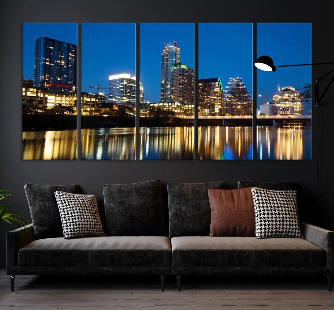 A cozy bedroom features the Austin City Lights Night Blue Skyline Cityscape View Wall Art Canvas Print, crafted on museum-quality canvas and ready to hang above the bed.