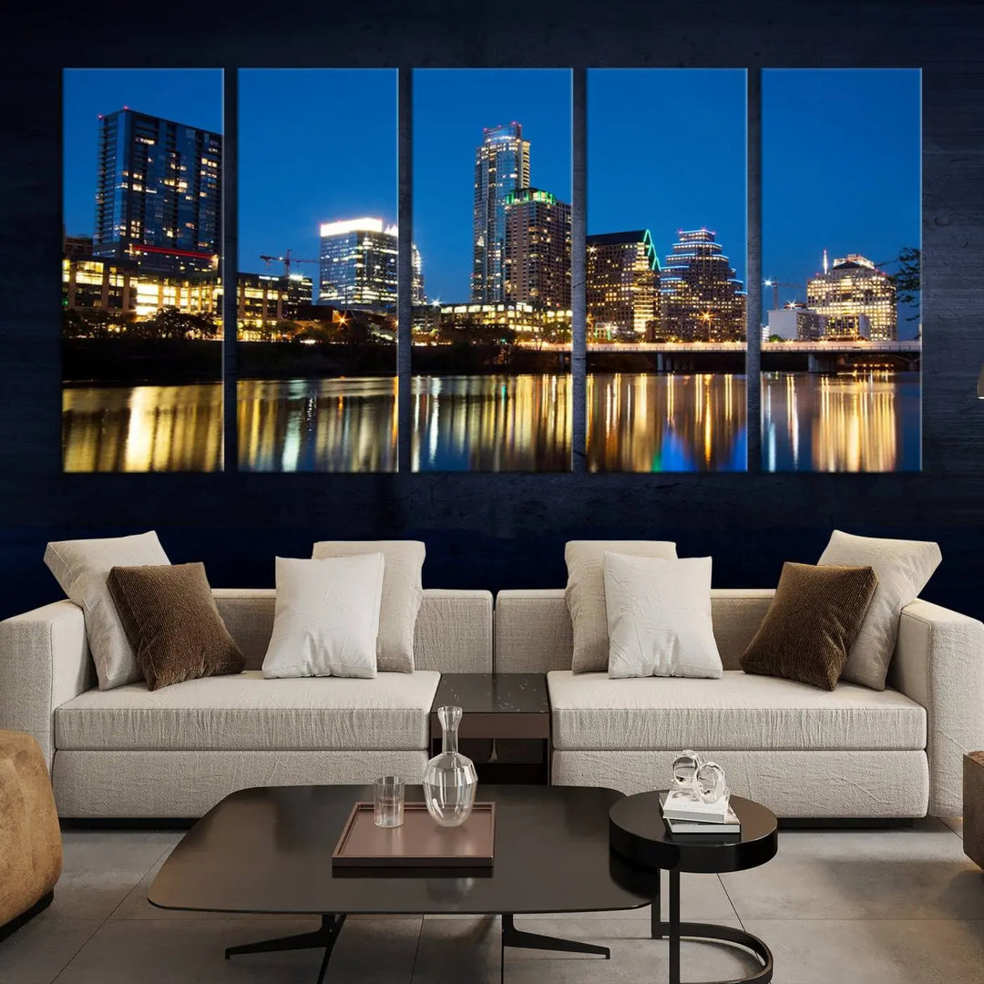 A cozy bedroom features the Austin City Lights Night Blue Skyline Cityscape View Wall Art Canvas Print, crafted on museum-quality canvas and ready to hang above the bed.