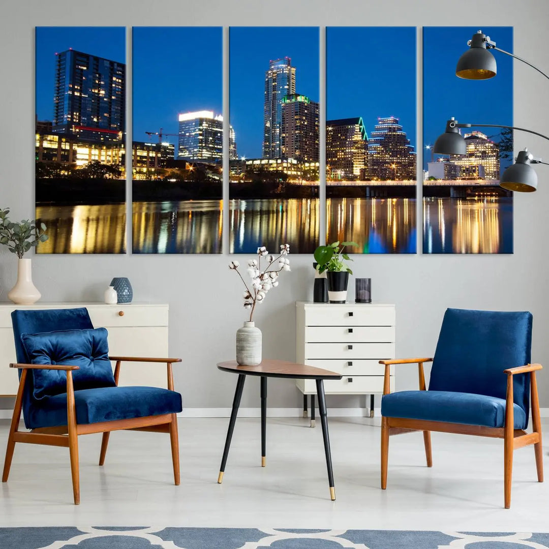 A cozy bedroom features the Austin City Lights Night Blue Skyline Cityscape View Wall Art Canvas Print, crafted on museum-quality canvas and ready to hang above the bed.