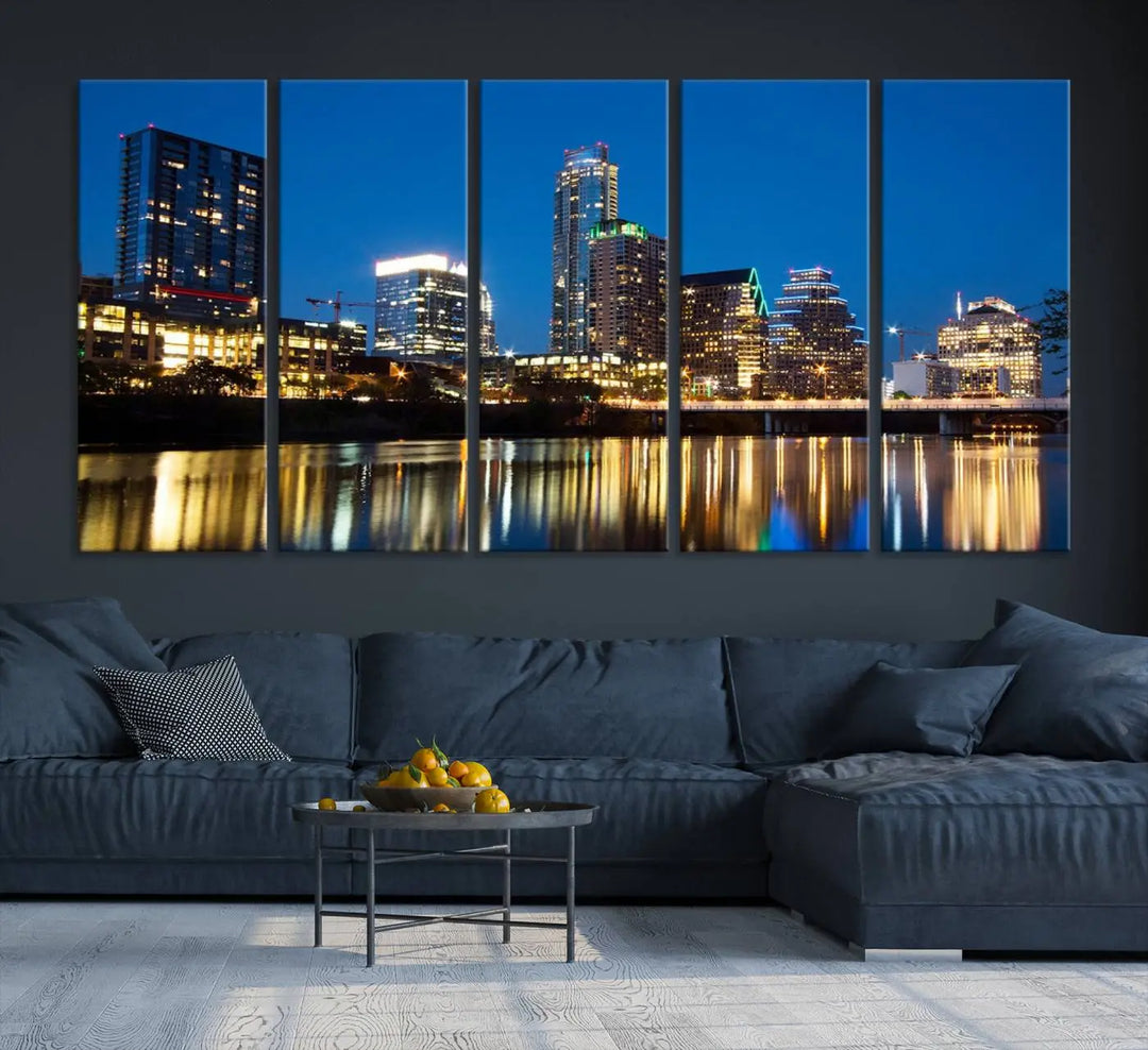 A cozy bedroom features the Austin City Lights Night Blue Skyline Cityscape View Wall Art Canvas Print, crafted on museum-quality canvas and ready to hang above the bed.