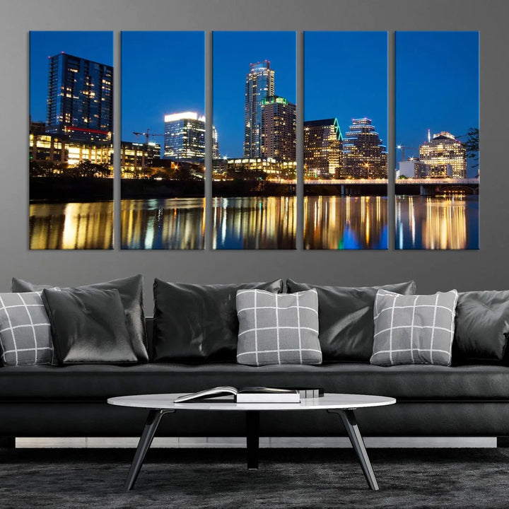 A cozy bedroom features the Austin City Lights Night Blue Skyline Cityscape View Wall Art Canvas Print, crafted on museum-quality canvas and ready to hang above the bed.