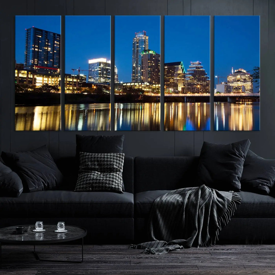 A cozy bedroom features the Austin City Lights Night Blue Skyline Cityscape View Wall Art Canvas Print, crafted on museum-quality canvas and ready to hang above the bed.