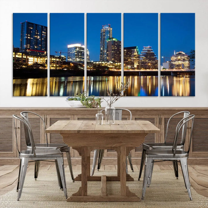 A cozy bedroom features the Austin City Lights Night Blue Skyline Cityscape View Wall Art Canvas Print, crafted on museum-quality canvas and ready to hang above the bed.