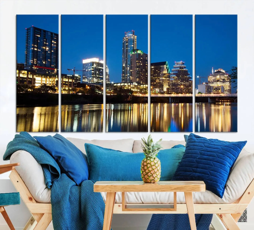 A cozy bedroom features the Austin City Lights Night Blue Skyline Cityscape View Wall Art Canvas Print, crafted on museum-quality canvas and ready to hang above the bed.