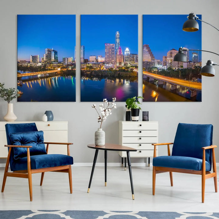 The "Austin City Lights Night Blue Skyline View" wall art canvas print adorns the living room.