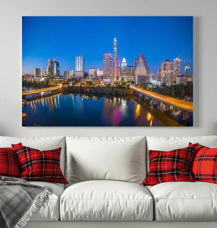 The "Austin City Lights Night Blue Skyline View" wall art canvas print adorns the living room.