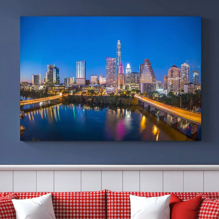 The "Austin City Lights Night Blue Skyline View" wall art canvas print adorns the living room.