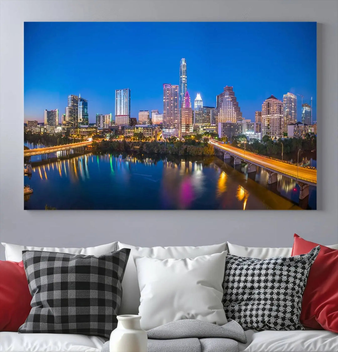 The "Austin City Lights Night Blue Skyline View" wall art canvas print adorns the living room.