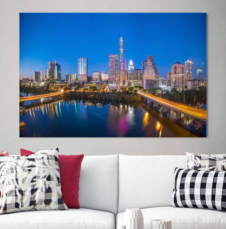 The "Austin City Lights Night Blue Skyline View" wall art canvas print adorns the living room.