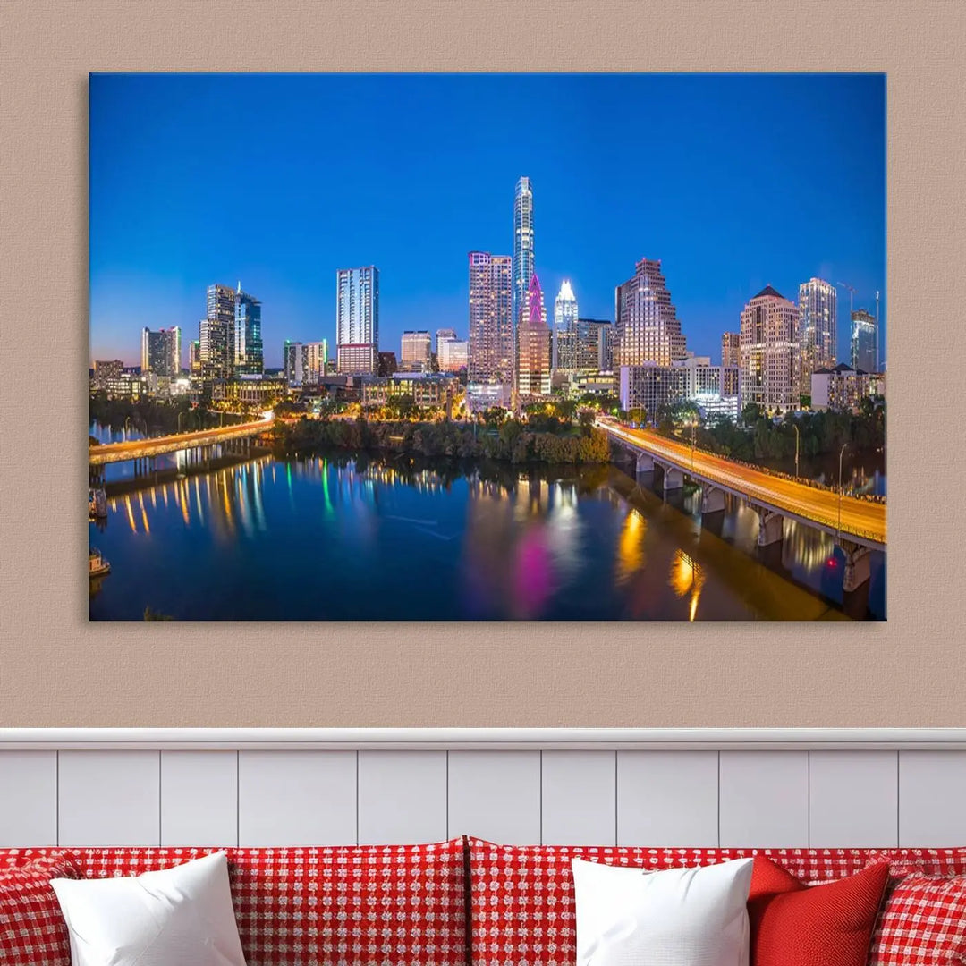 The "Austin City Lights Night Blue Skyline View" wall art canvas print adorns the living room.