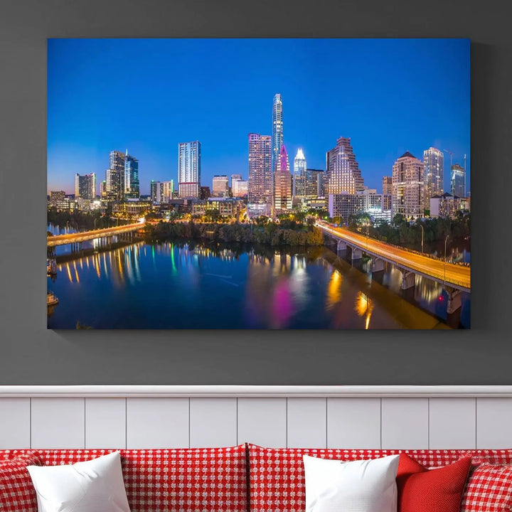 The "Austin City Lights Night Blue Skyline View" wall art canvas print adorns the living room.