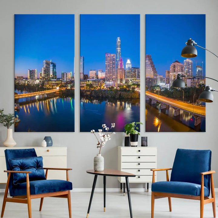 The "Austin City Lights Night Blue Skyline View" wall art canvas print adorns the living room.