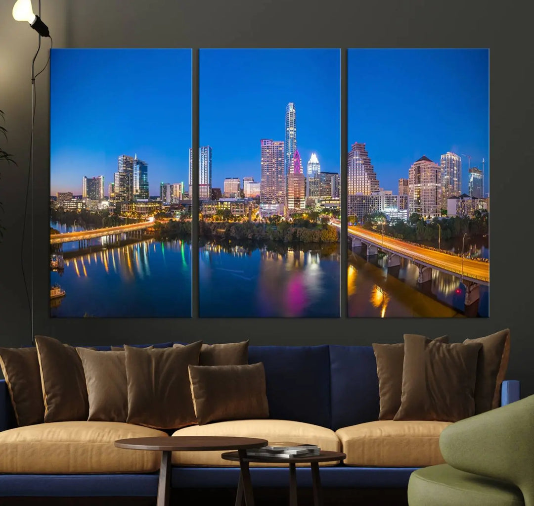 The "Austin City Lights Night Blue Skyline View" wall art canvas print adorns the living room.