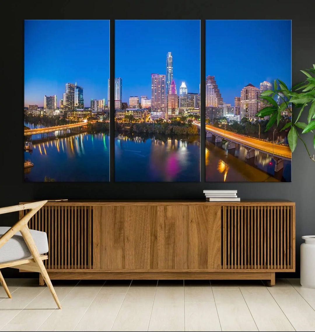 The "Austin City Lights Night Blue Skyline View" wall art canvas print adorns the living room.