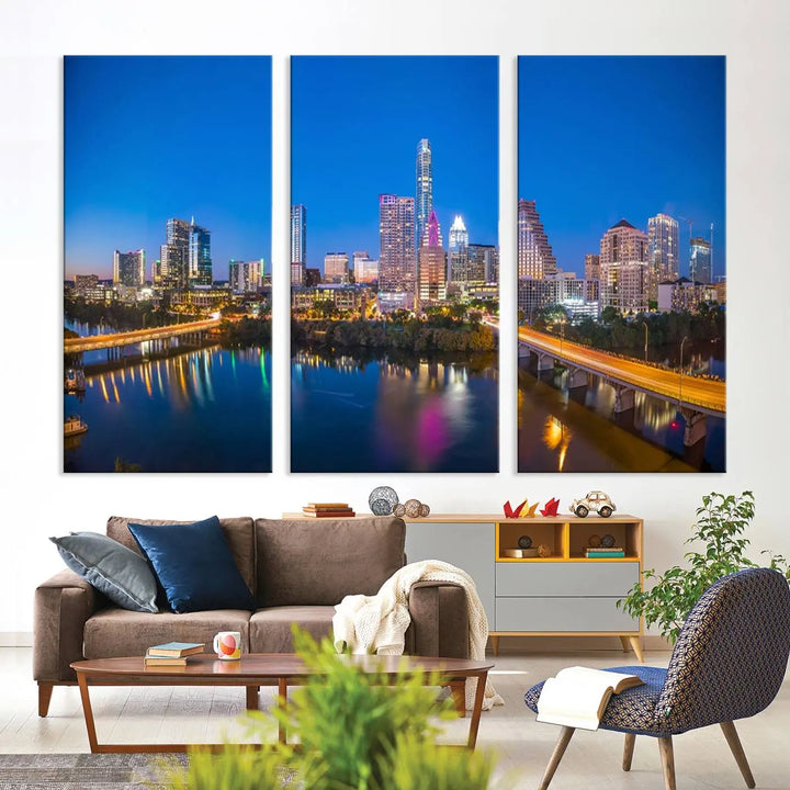 The "Austin City Lights Night Blue Skyline View" wall art canvas print adorns the living room.