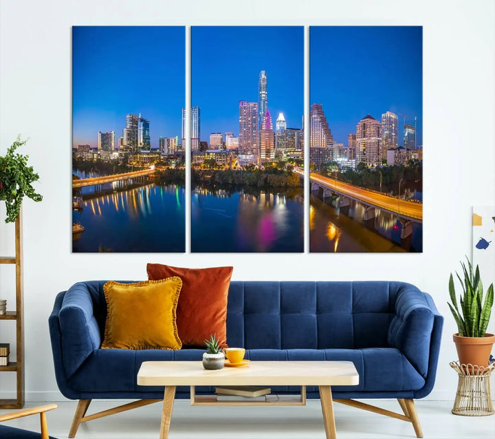 The "Austin City Lights Night Blue Skyline View" wall art canvas print adorns the living room.