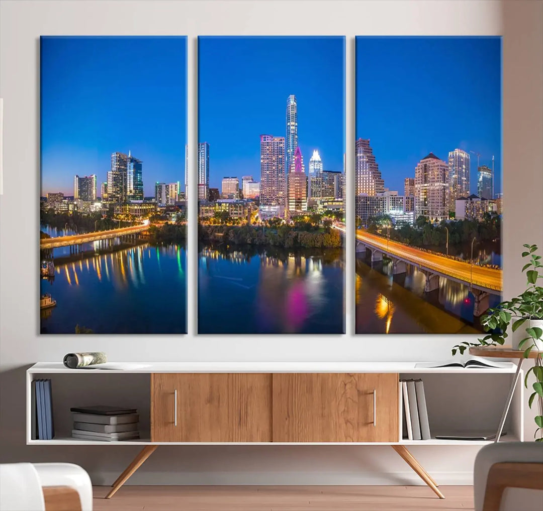 The "Austin City Lights Night Blue Skyline View" wall art canvas print adorns the living room.