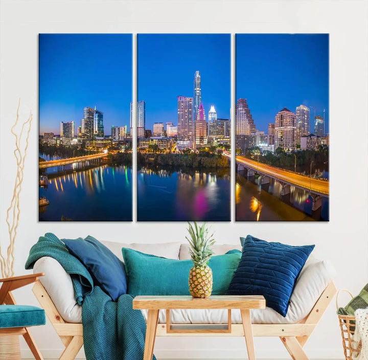 The "Austin City Lights Night Blue Skyline View" wall art canvas print adorns the living room.