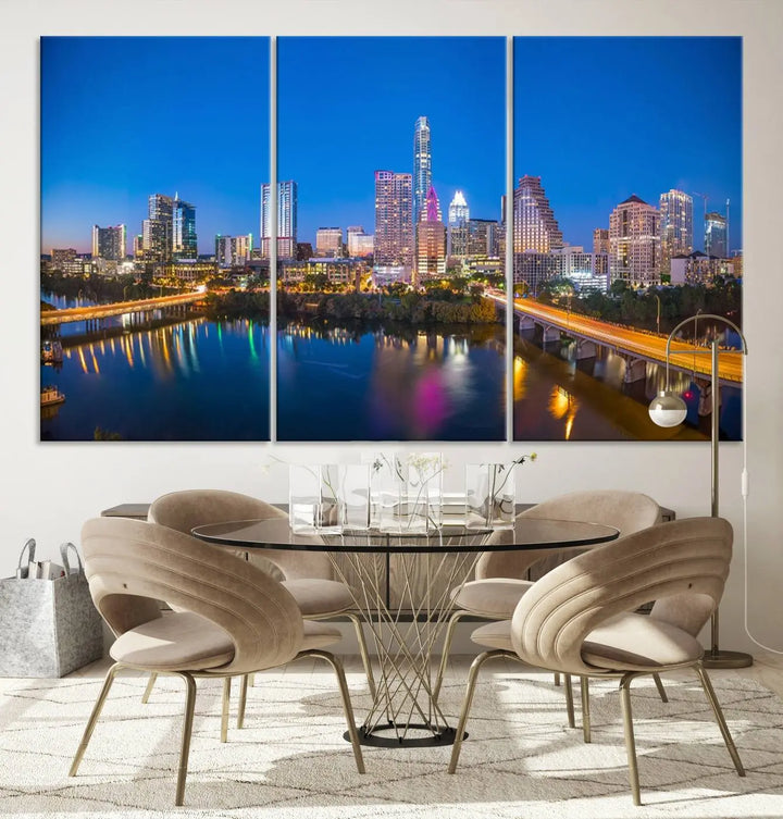 The "Austin City Lights Night Blue Skyline View" wall art canvas print adorns the living room.