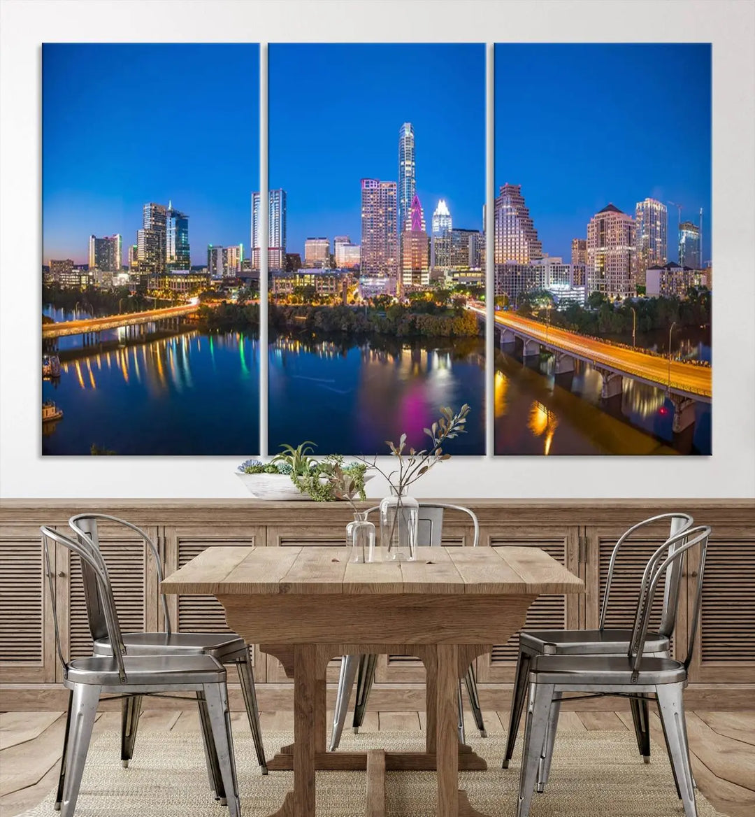 The "Austin City Lights Night Blue Skyline View" wall art canvas print adorns the living room.