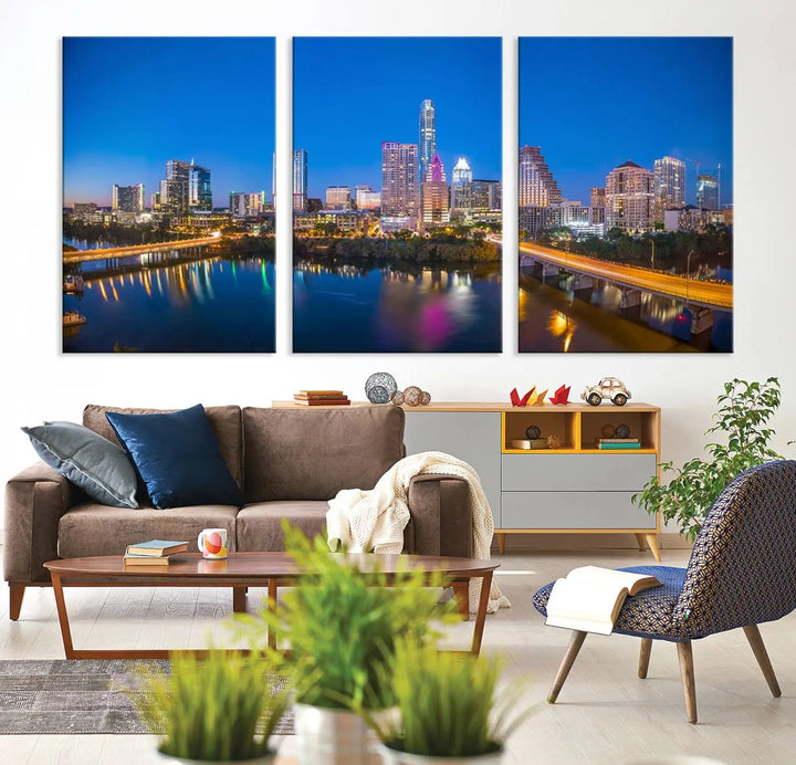 The "Austin City Lights Night Blue Skyline View" wall art canvas print adorns the living room.