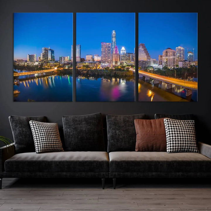 The "Austin City Lights Night Blue Skyline View" wall art canvas print adorns the living room.