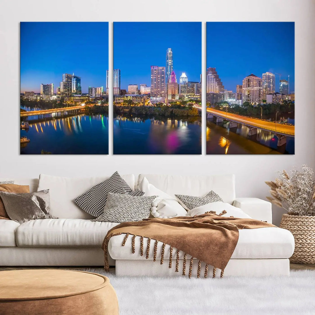 The "Austin City Lights Night Blue Skyline View" wall art canvas print adorns the living room.