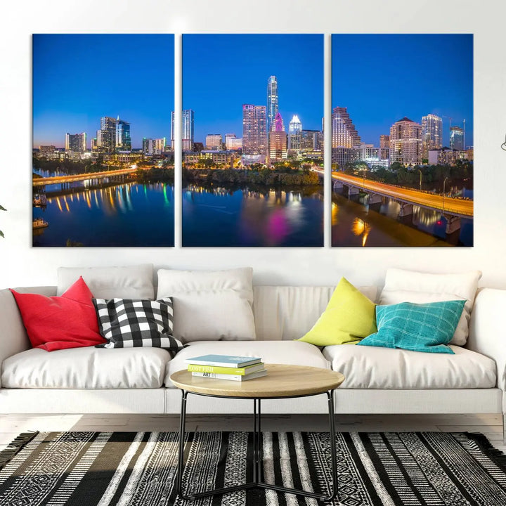 The "Austin City Lights Night Blue Skyline View" wall art canvas print adorns the living room.