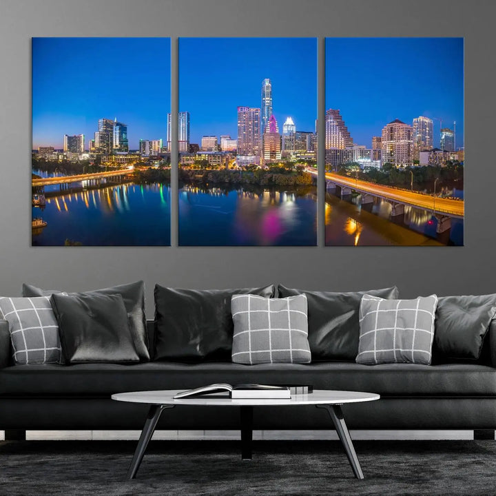 The "Austin City Lights Night Blue Skyline View" wall art canvas print adorns the living room.