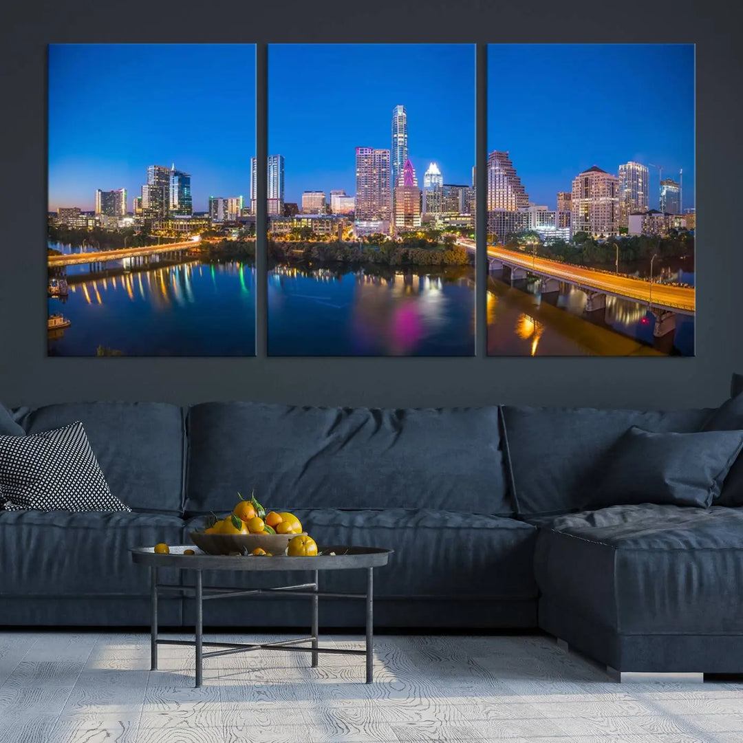 The "Austin City Lights Night Blue Skyline View" wall art canvas print adorns the living room.