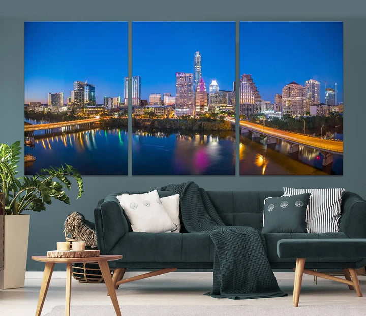 The "Austin City Lights Night Blue Skyline View" wall art canvas print adorns the living room.