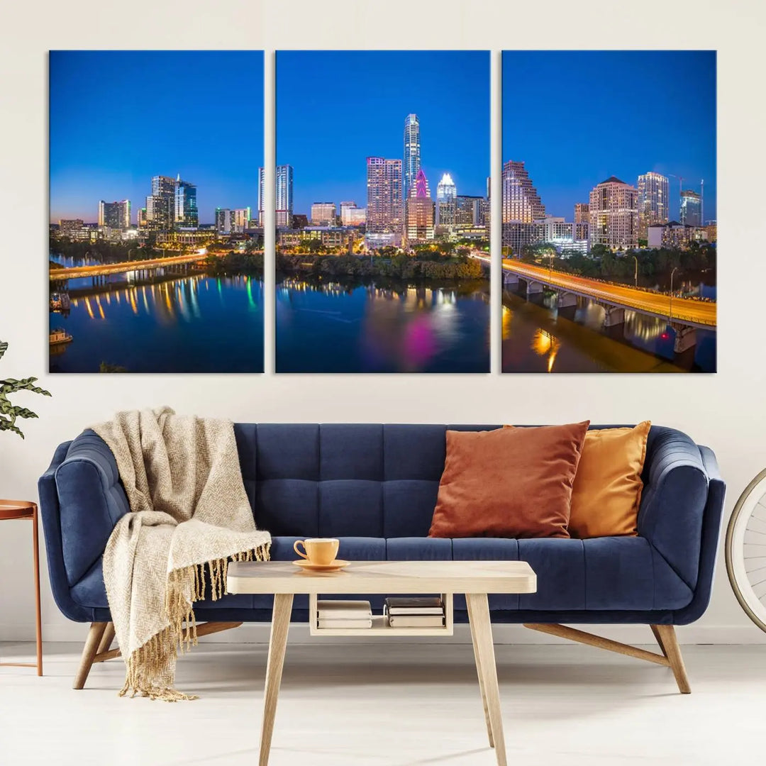 The "Austin City Lights Night Blue Skyline View" wall art canvas print adorns the living room.