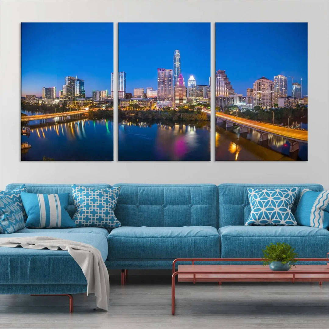 The "Austin City Lights Night Blue Skyline View" wall art canvas print adorns the living room.