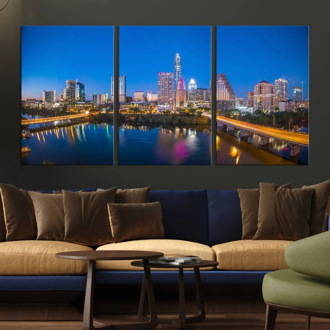 The "Austin City Lights Night Blue Skyline View" wall art canvas print adorns the living room.