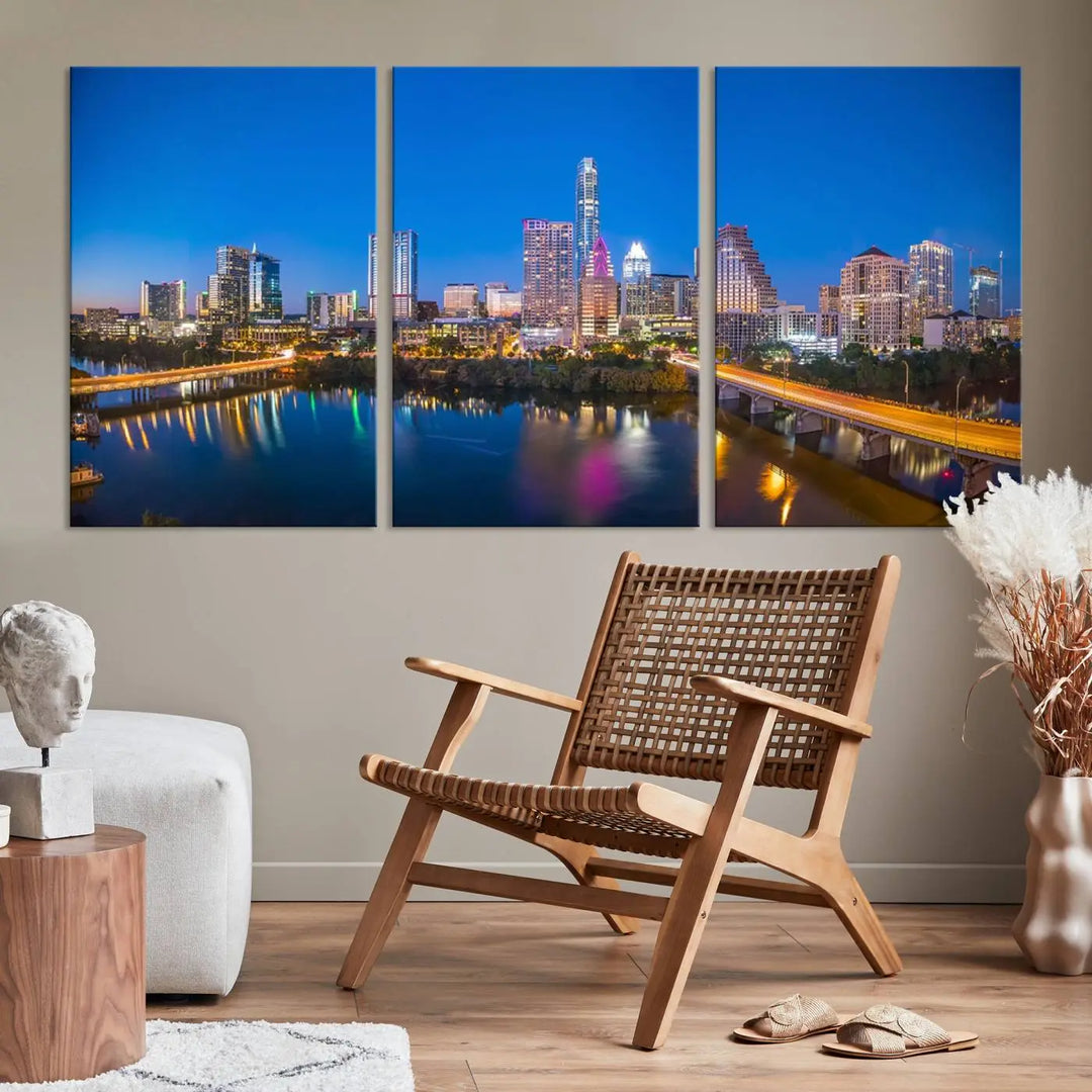 The "Austin City Lights Night Blue Skyline View" wall art canvas print adorns the living room.