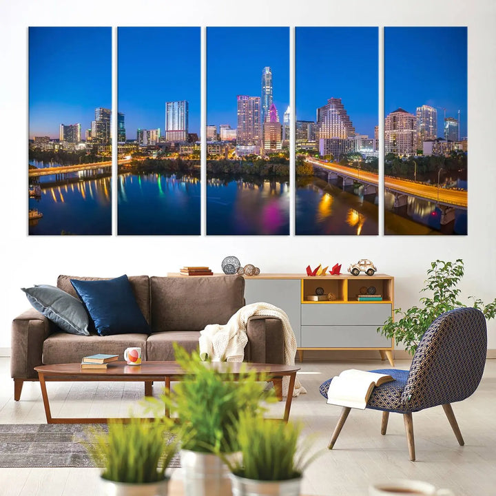 The "Austin City Lights Night Blue Skyline View" wall art canvas print adorns the living room.