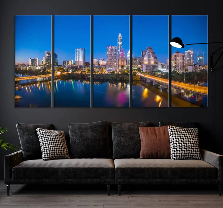 The "Austin City Lights Night Blue Skyline View" wall art canvas print adorns the living room.