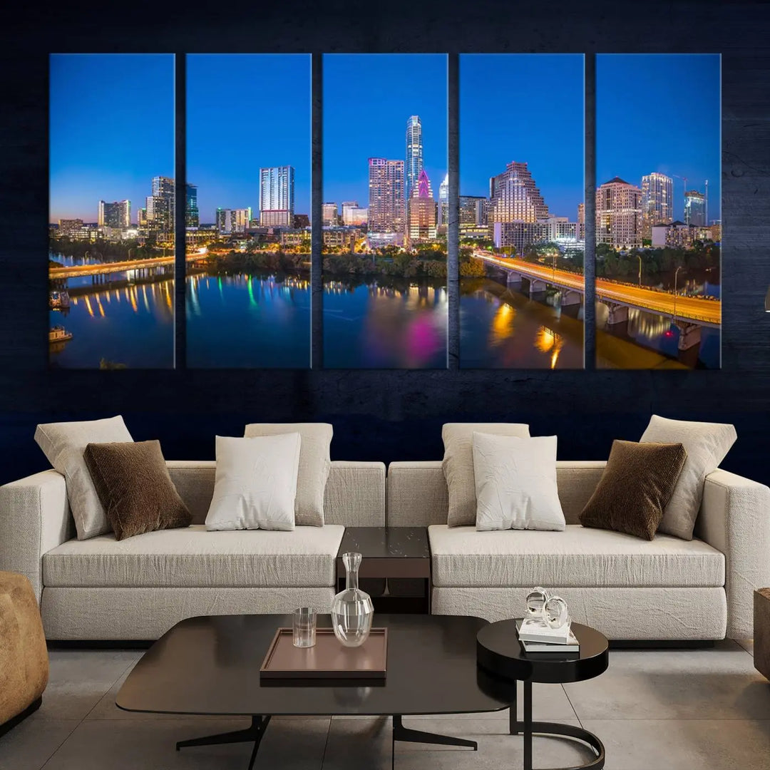 The "Austin City Lights Night Blue Skyline View" wall art canvas print adorns the living room.