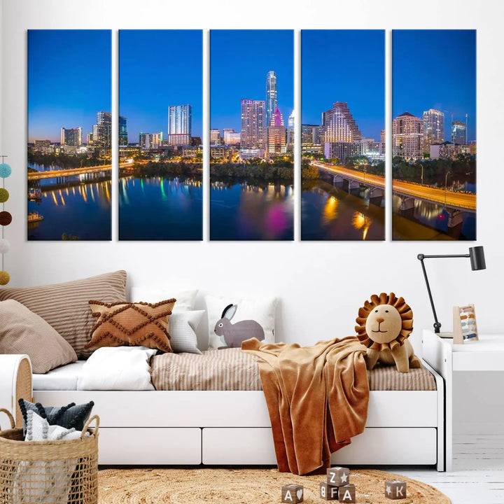 The "Austin City Lights Night Blue Skyline View" wall art canvas print adorns the living room.