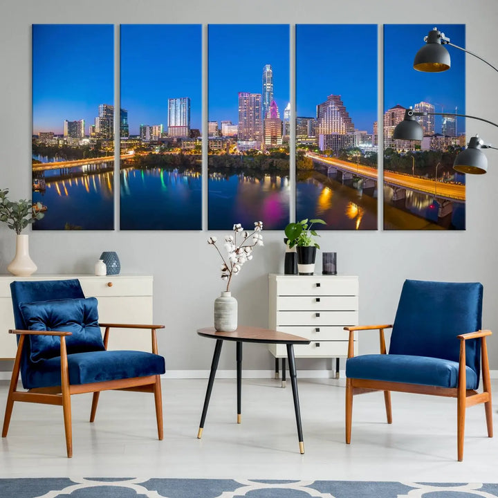 The "Austin City Lights Night Blue Skyline View" wall art canvas print adorns the living room.