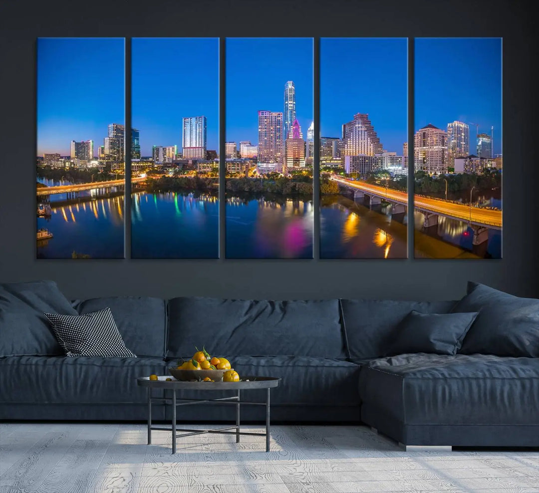 The "Austin City Lights Night Blue Skyline View" wall art canvas print adorns the living room.