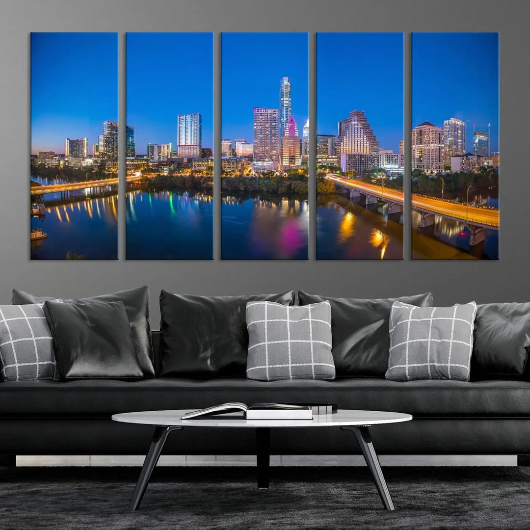 The "Austin City Lights Night Blue Skyline View" wall art canvas print adorns the living room.