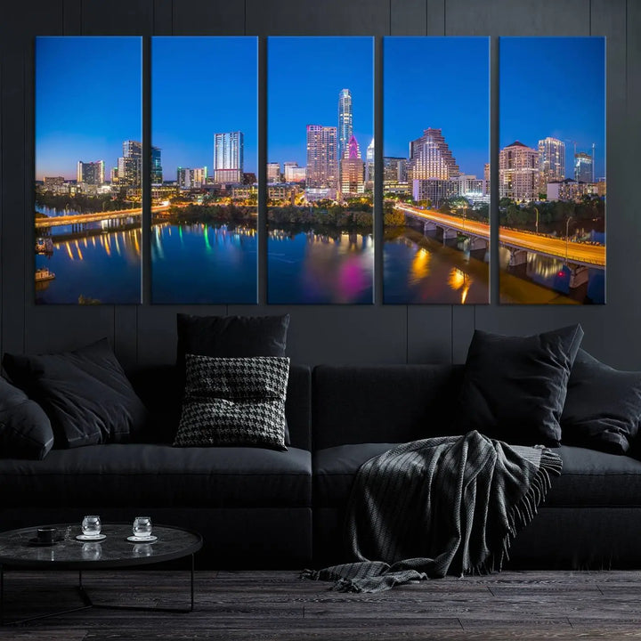 The "Austin City Lights Night Blue Skyline View" wall art canvas print adorns the living room.