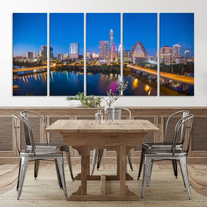 The "Austin City Lights Night Blue Skyline View" wall art canvas print adorns the living room.