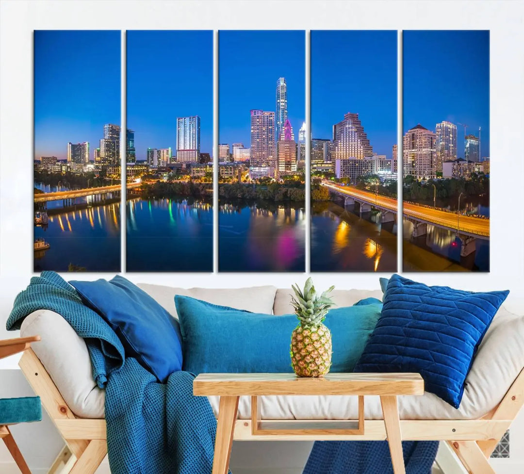 The "Austin City Lights Night Blue Skyline View" wall art canvas print adorns the living room.