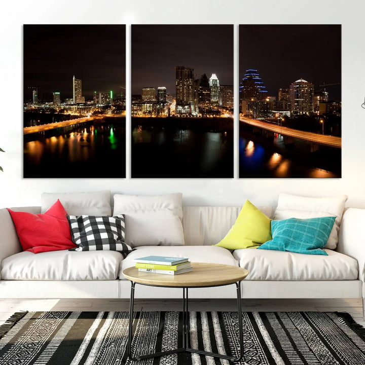 The Austin City Lights Night Skyline Cityscape View Wall Art Canvas Print adorns the wall. Each gallery-wrapped piece is printed on museum-quality canvas and features a UV-protective coating to maintain its vibrant allure.