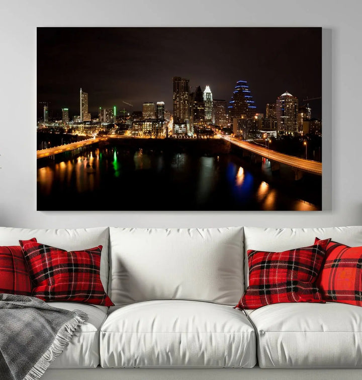 The Austin City Lights Night Skyline Cityscape View Wall Art Canvas Print adorns the wall. Each gallery-wrapped piece is printed on museum-quality canvas and features a UV-protective coating to maintain its vibrant allure.